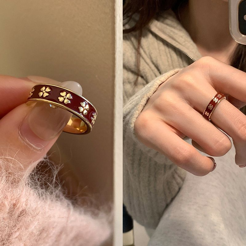 Retro rose four-leaf clover ring super white wine red drip glaze index finger ring for women autumn and winter new style