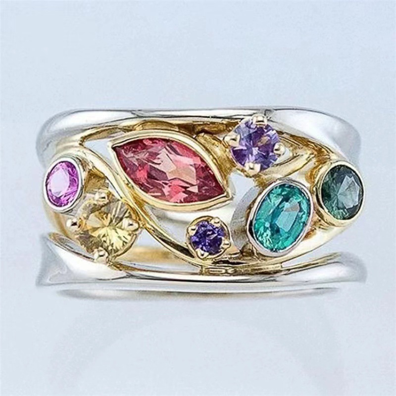 European and American cross-border metal colored diamond ring, exquisite geometric pattern women's ring, diamond wavy line jewelry