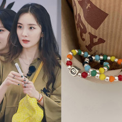 Celebrity's same rainbow beaded black and white checkered smiley face 925 sterling silver ring personalized design niche high-end stack wear