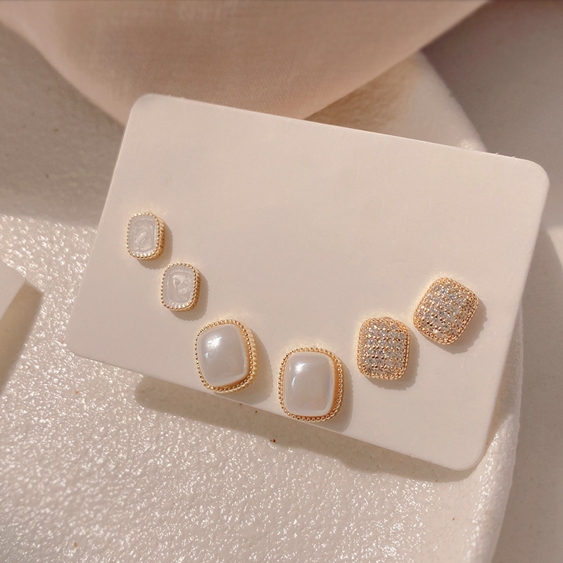 s925 silver needle earrings zircon square pearl combination simple versatile earrings high-end design small ear jewelry