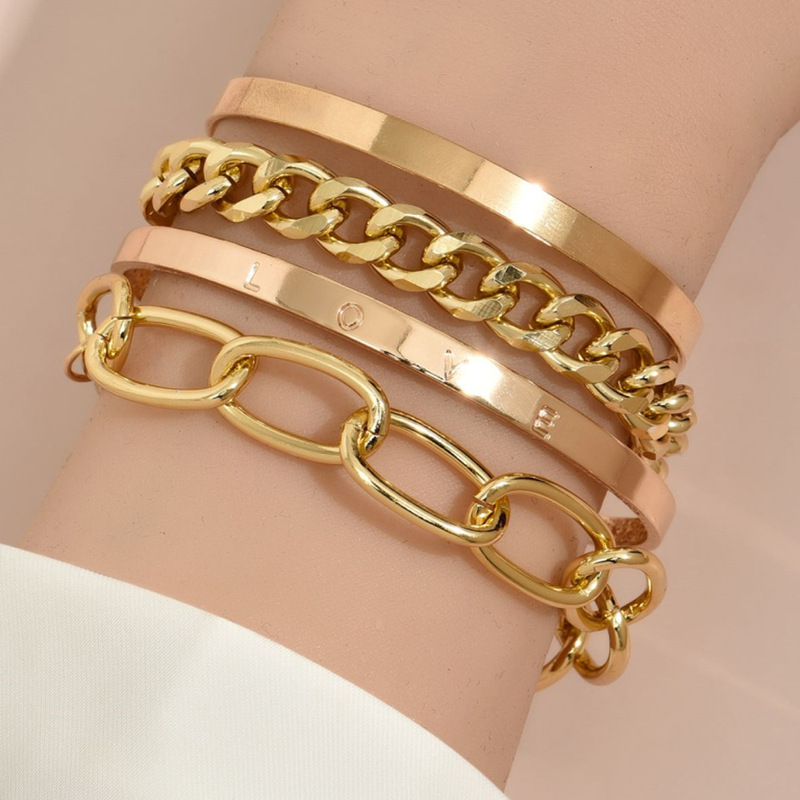 European and American jewelry, personalized chain, creative glossy LOVE open bracelet, 4-piece hollow bracelet set