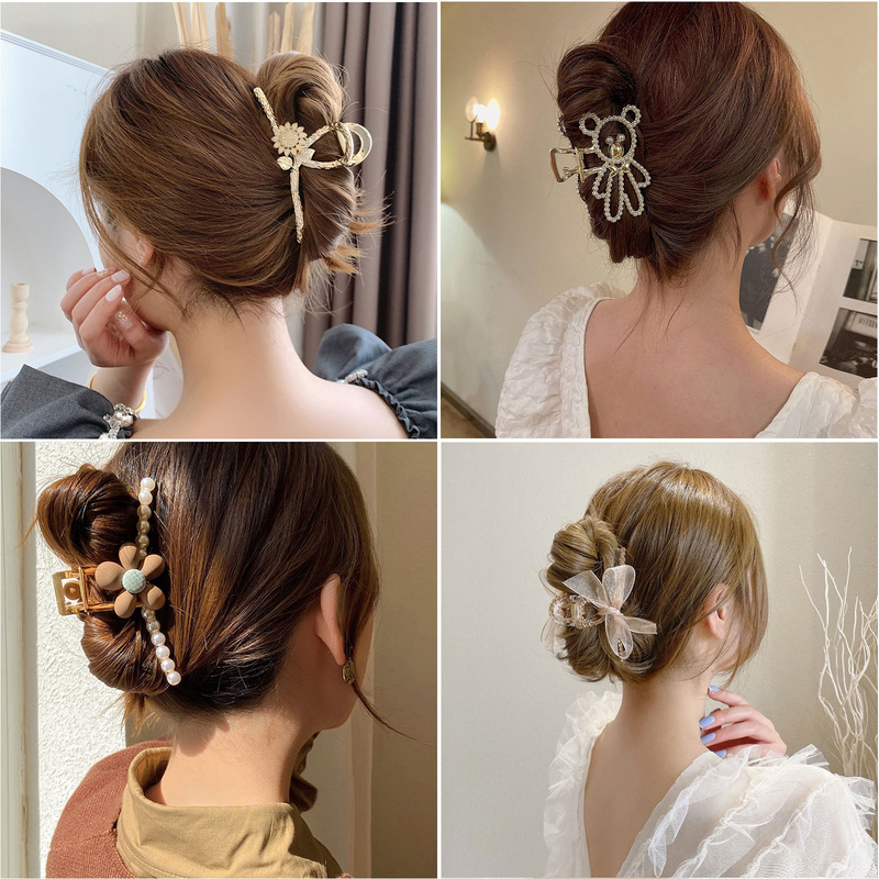 Bow knot high-end new hairpin female bear pearl rhinestone hair accessory hair catcher shark clip headdress