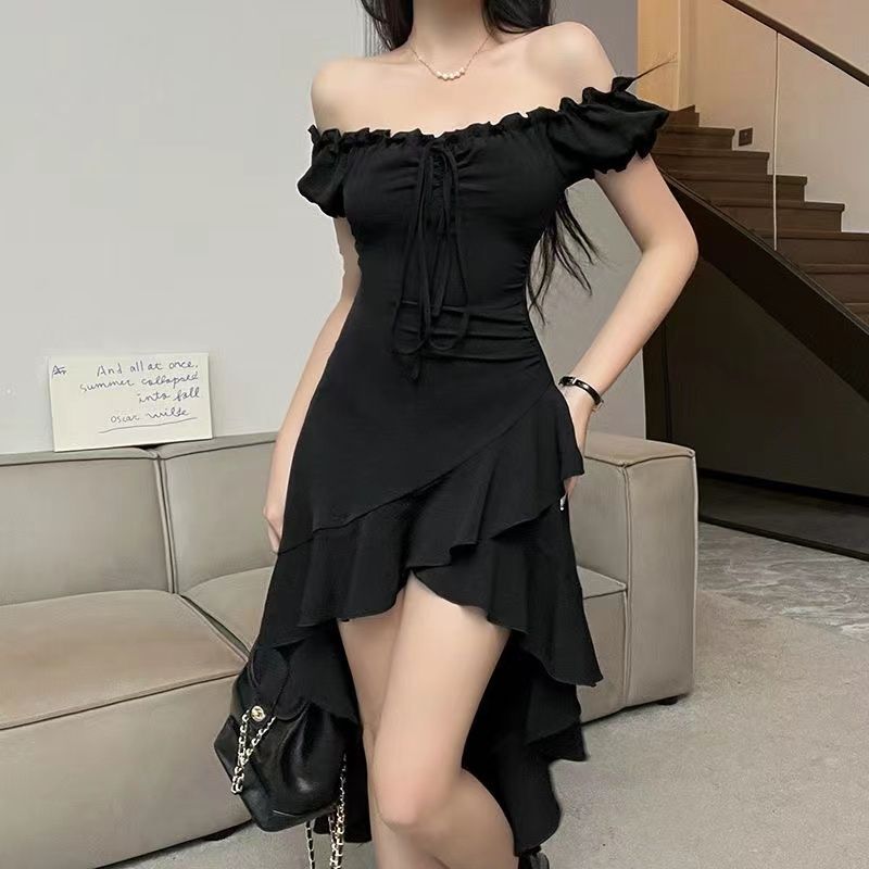 Mysterious black ruffled irregular dress for women summer new one-shoulder waist sexy skirt