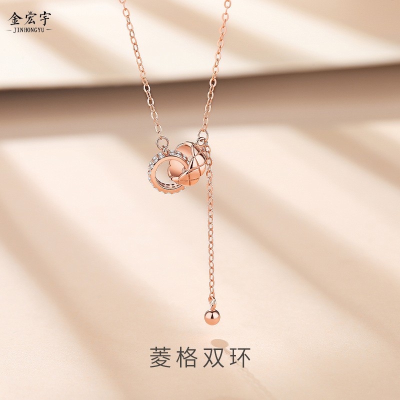 Double-ring necklace women's ins style sterling silver summer new light luxury niche interlocking rose gold tassel clavicle chain