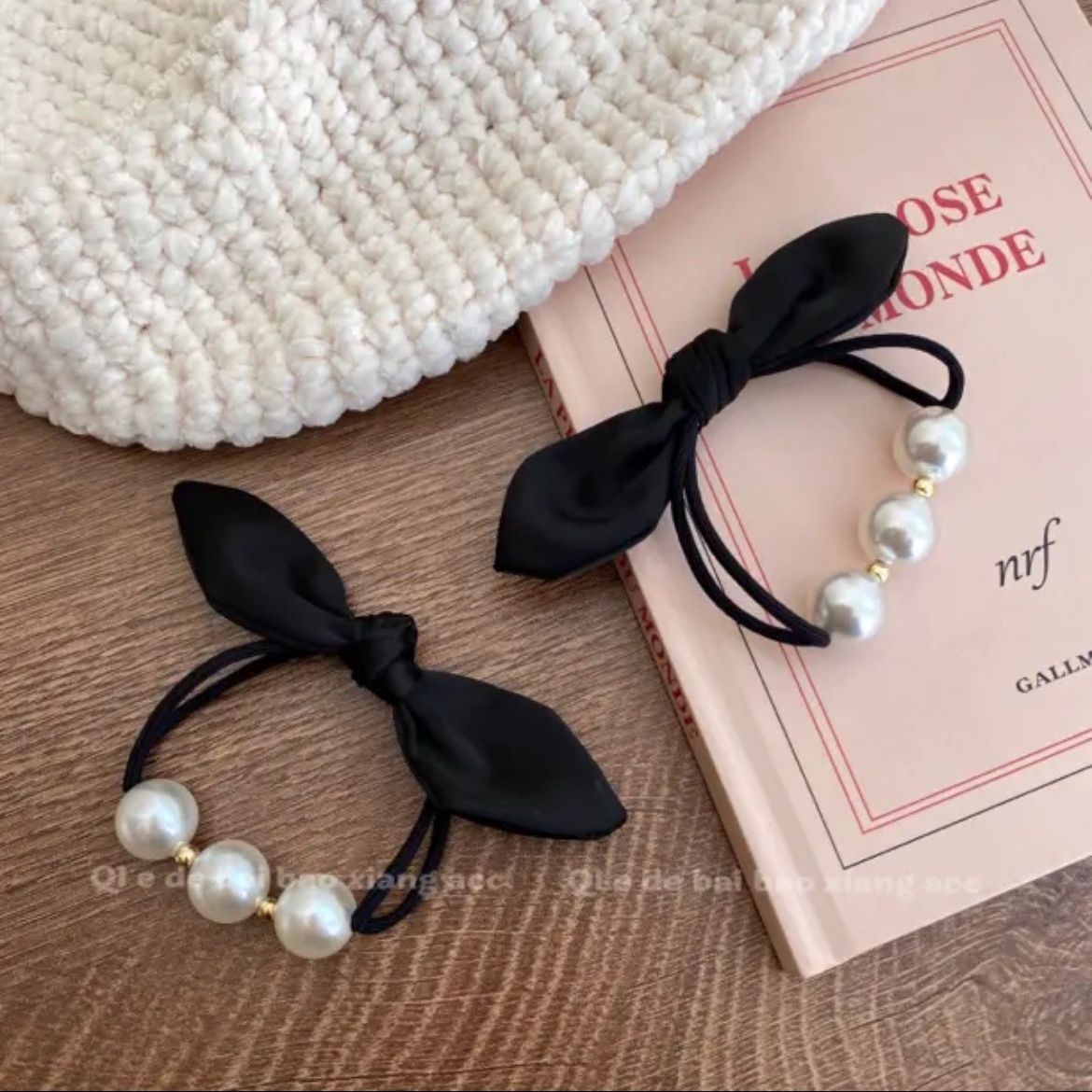 French retro high-end niche bow pearl hair tie 2023 new exquisite hair rope rabbit ears hair tie new