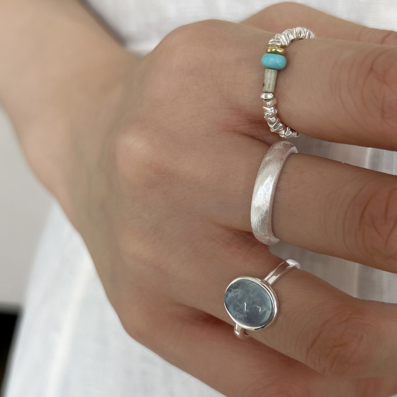 Niche design fashionable personality aquamarine crystal ring frosted simple plain ring broken silver ring new year
