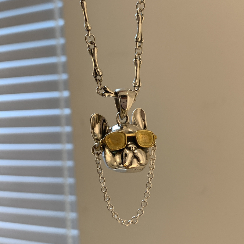 Heavy Industry Retro Unique Gold and Silver Contrast Color Cool Chain Sunglasses Dog Lord Pendant Women's Pendant Necklace Necklace Premium