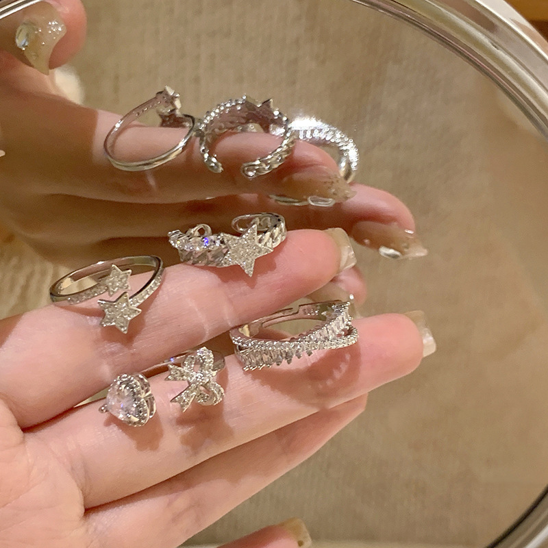 Sparkling, super fairy, high-end, temperament, zircon five-pointed star combination ring, female fashion bestie’s index finger open ring