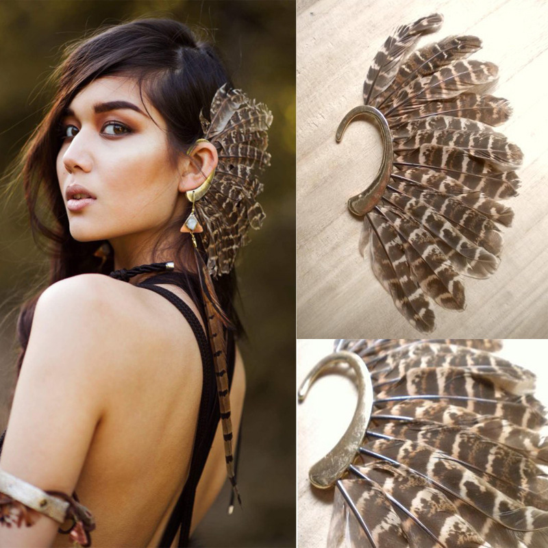 European and American alloy jewelry, personalized fashion exaggerated punk style turkey feather single earring and ear hook accessories