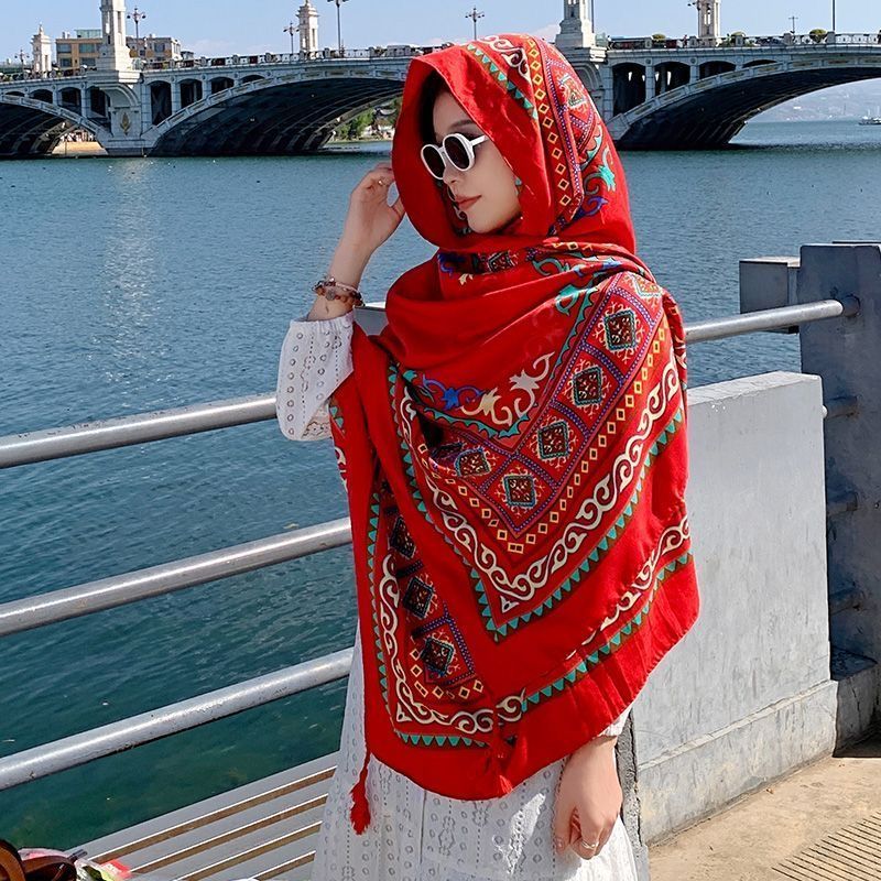 High quality retro red cashew desert travel sun protection silk scarf for women summer ethnic style scarf shawl long