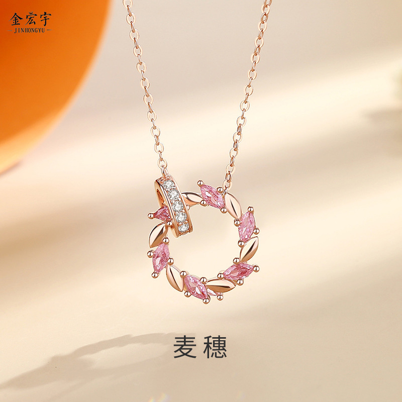 Original wheat ear double ring necklace for women rose gold micro inlaid zircon clavicle chain ins style garland clavicle chain sterling silver 925