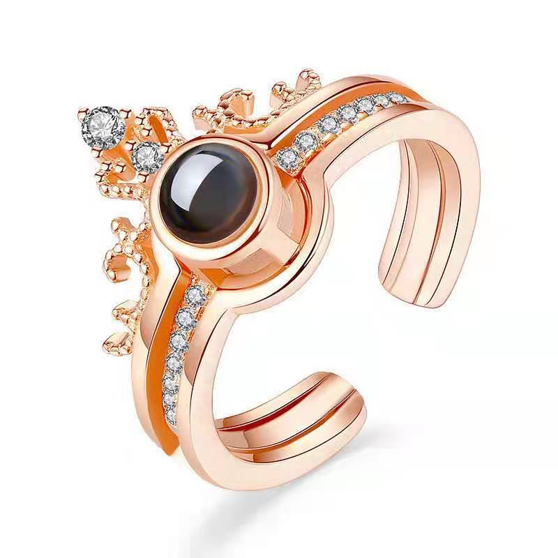 Projection ring, same style crown, two-in-one fashion couple ring with openings in 100 languages