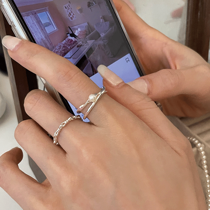 Korean style niche design pearl 925 sterling silver thin ring high-end hollow light luxury personalized index finger ring adjustable
