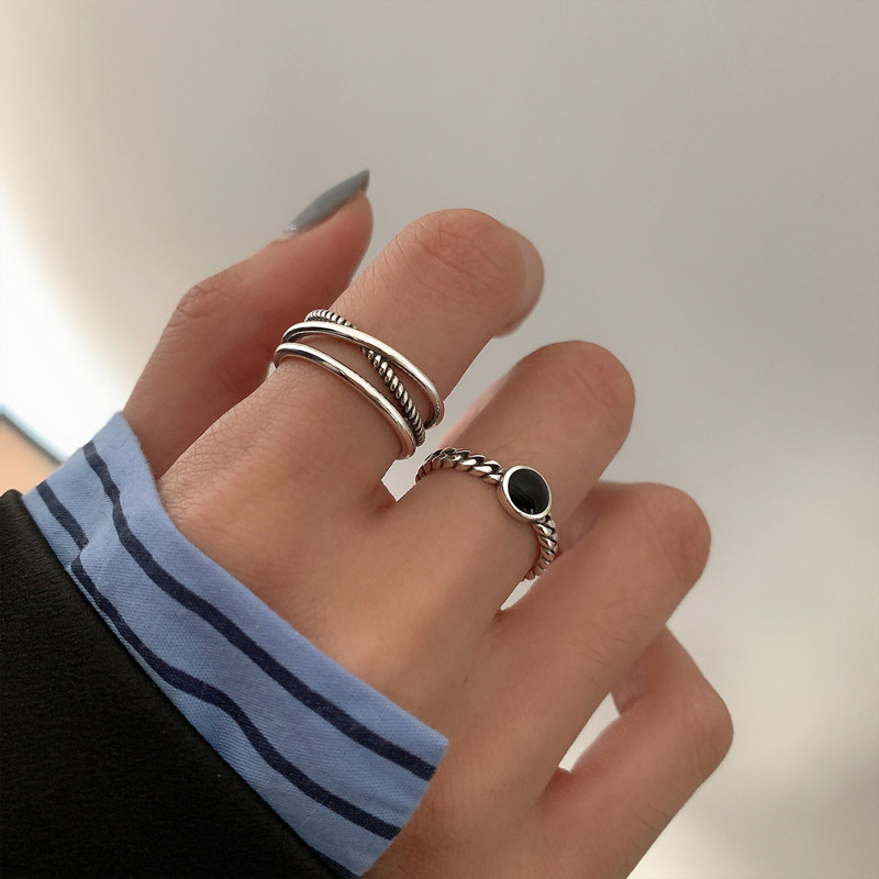 s925 sterling silver black retro trendy index finger cross ring female open fashion Thai silver niche personality ring bracelet