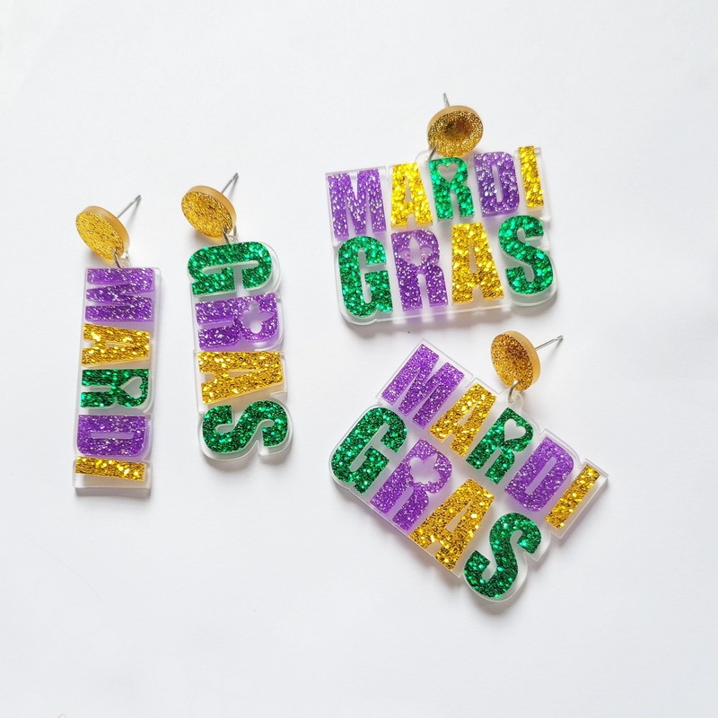 European and American exaggerated three-color carnival glitter letters MARDI GRAS earrings