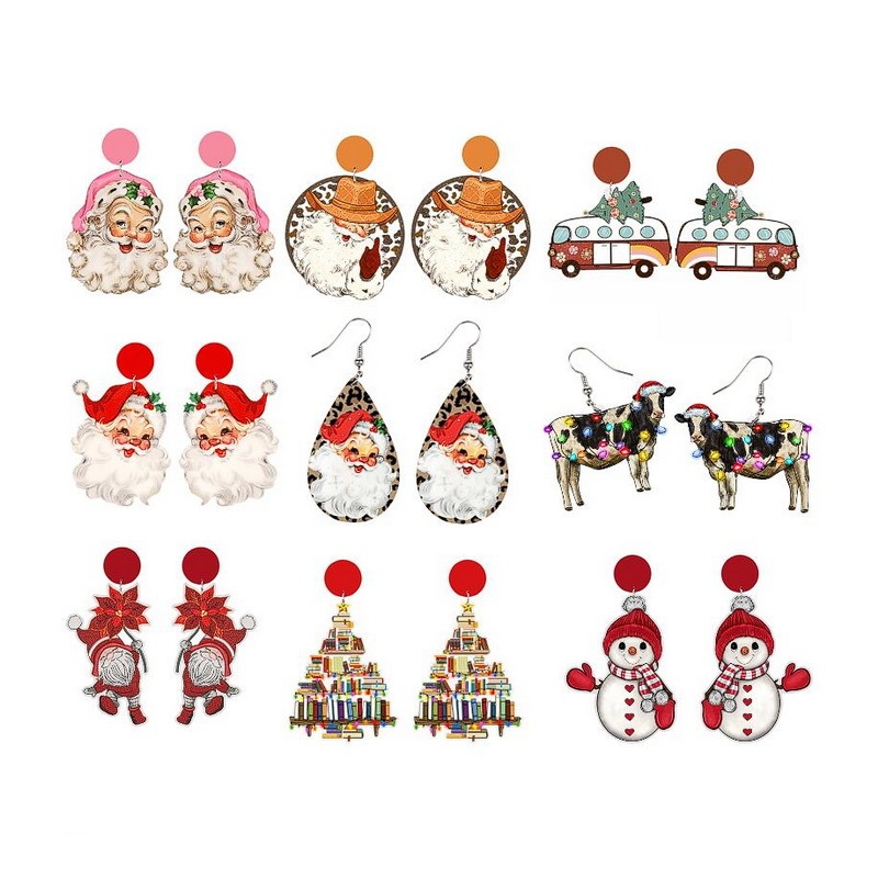 Wood Pink Water Drop Leopard Print Santa Claus Book Christmas Tree Bus Truck Neon Cow Snowman Earrings Earrings