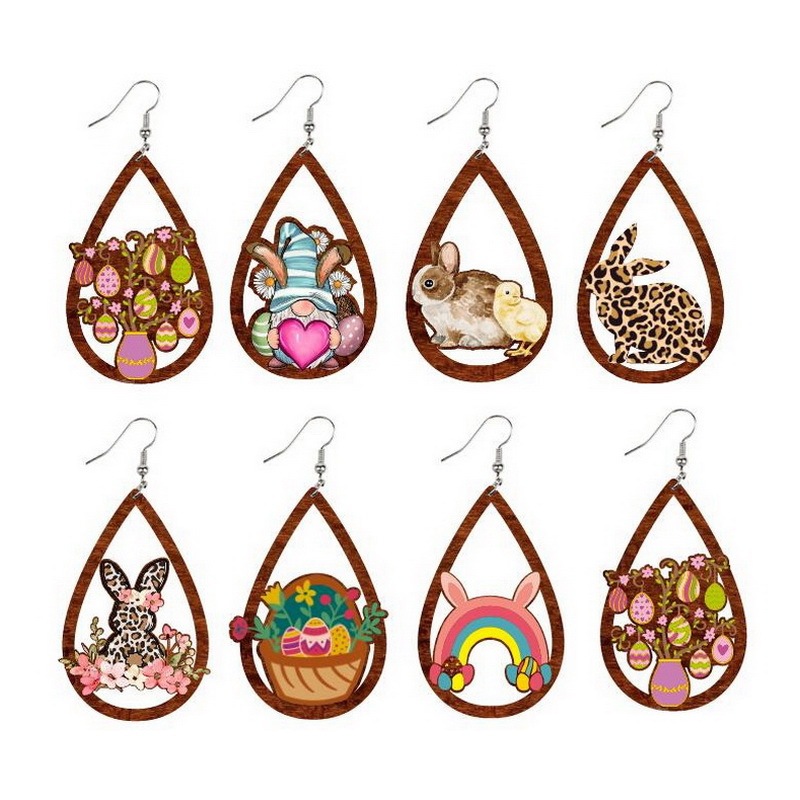 New Easter Water Drop Hollow Leopard Print Three Rabbits Chicks Easter Egg Earrings Girls Holiday Gift