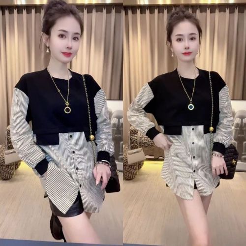 Spring and Autumn High-end Shirts, Bottoming Shirts, Women's Trendy Outerwear Splicing Shirts, Fake Two-Piece Exquisite Maillard Small Tops
