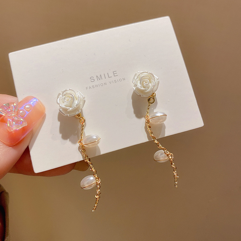 French retro camellia pearl earrings for women S925 silver needle long sweet fashion earrings high-end ear jewelry