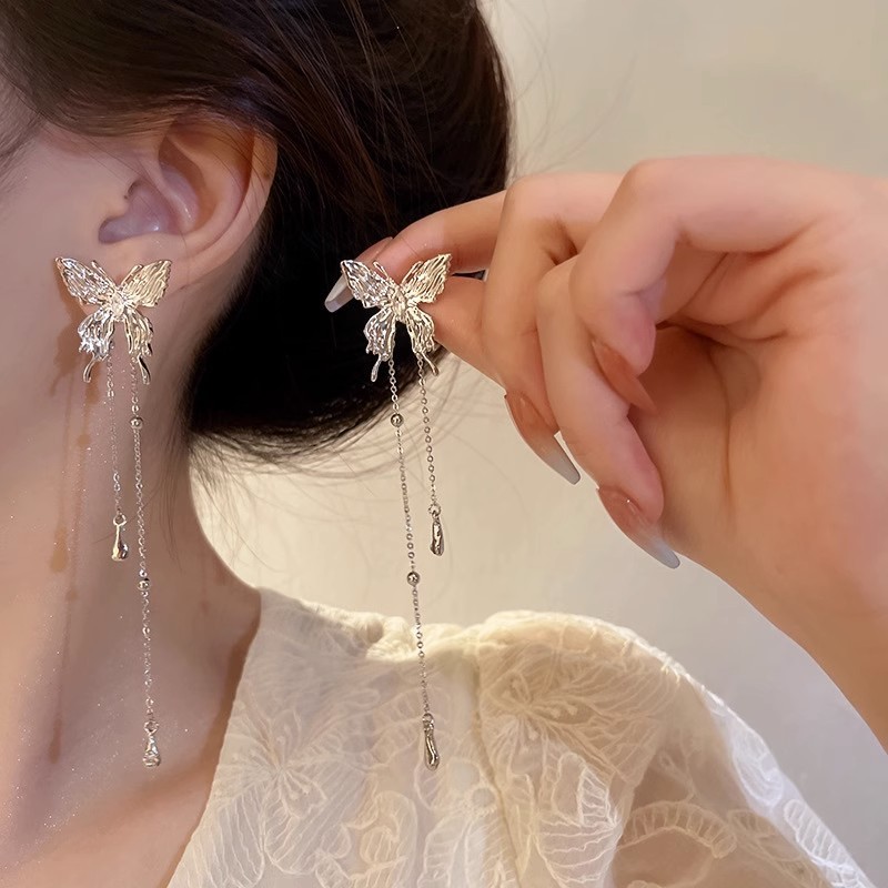 Super fairy liquid metal butterfly long tassel earrings design with sweet and cool elf temperament earrings