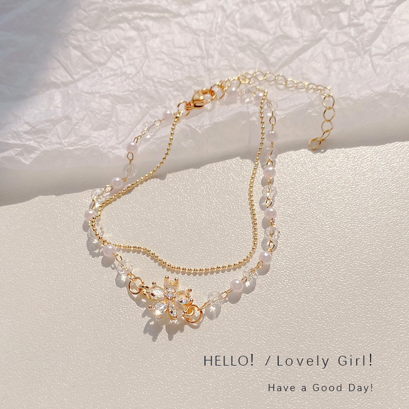 Gentle and exquisite double-layered pearl crystal flower bracelet ins style niche design hand jewelry bracelet wholesale