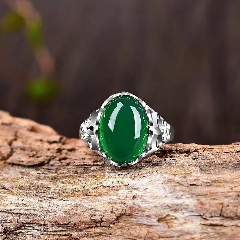 Simulated green agate inlaid chalcedony crystal ring for women emerald retro adjustable ruby ​​ring for women