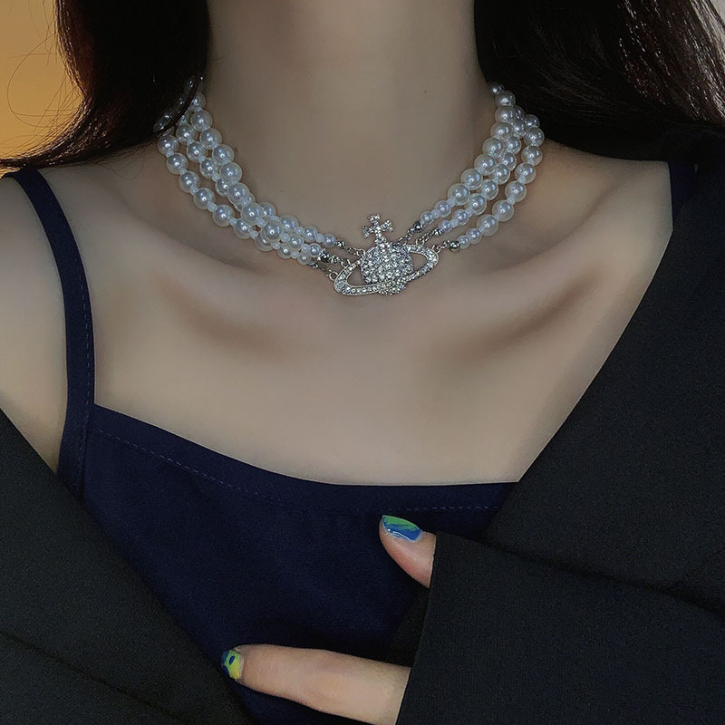 Korean version of the Queen Mother of the West cross-border diamond-encrusted pearl bracelet + necklace multi-layered planet neck clavicle chain for women