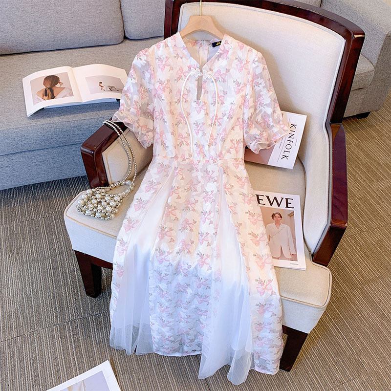 120-350 catties plus size women's retro girl's slit floral dress fat mm summer new tea break dress