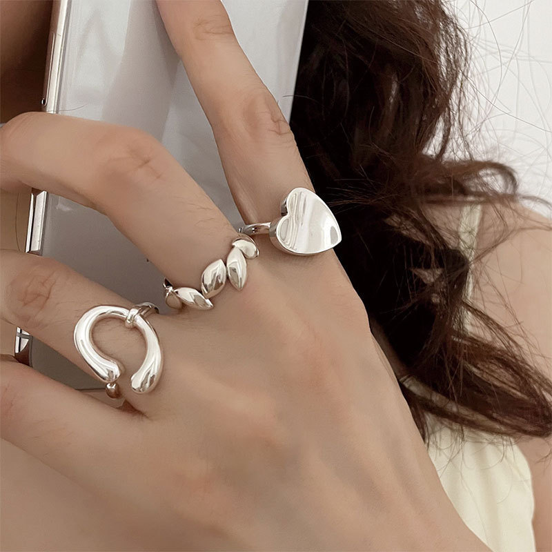 Korean version s925 sterling silver glossy design love temperament ring female personality ins cold style adjustable ring
