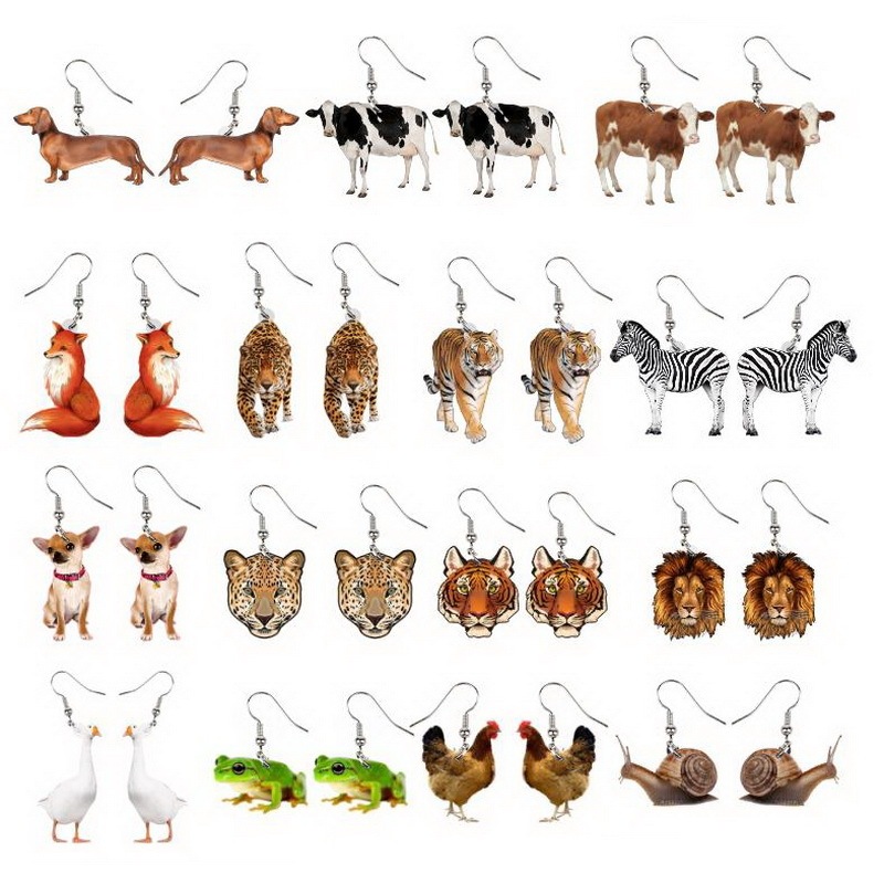 Cute cow fox tiger leopard chihuahua duck lion dachshund frog hen animal snail earrings