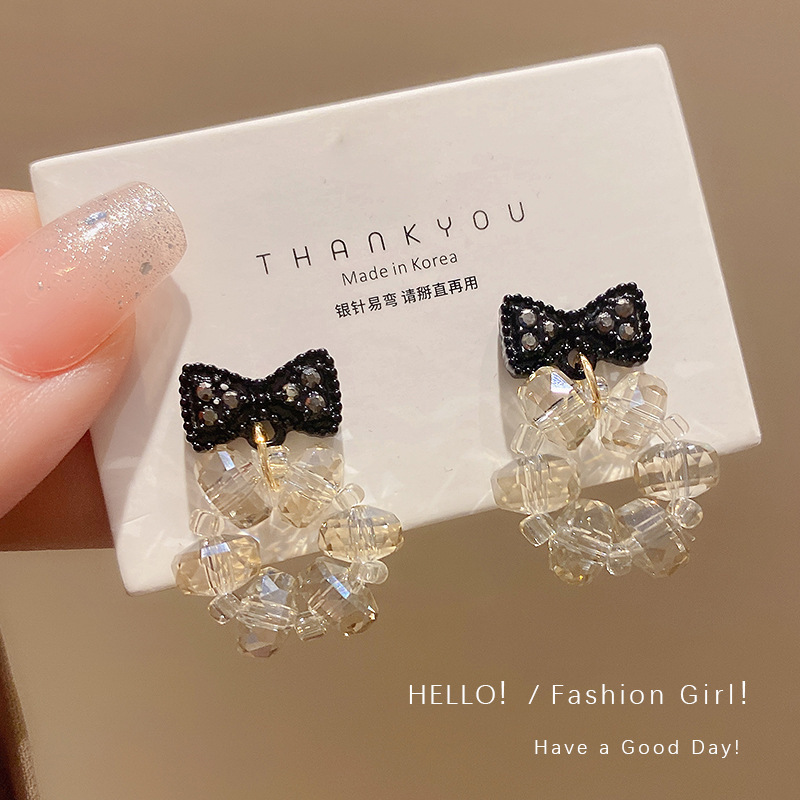 South Korea's Dongdaemun black light luxury bow earrings women's high-end temperament fashion earrings 925 silver needles