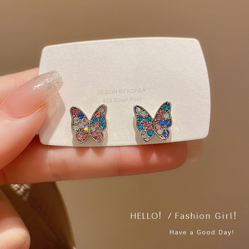 925 silver needle small and simple colorful flash diamond butterfly earrings exquisite high-end design temperament ear jewelry