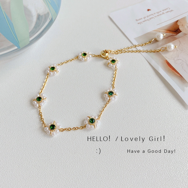 Korean ins trend flower pearl green zirconium bracelet for women, light luxury, French retro high-end bracelets for women