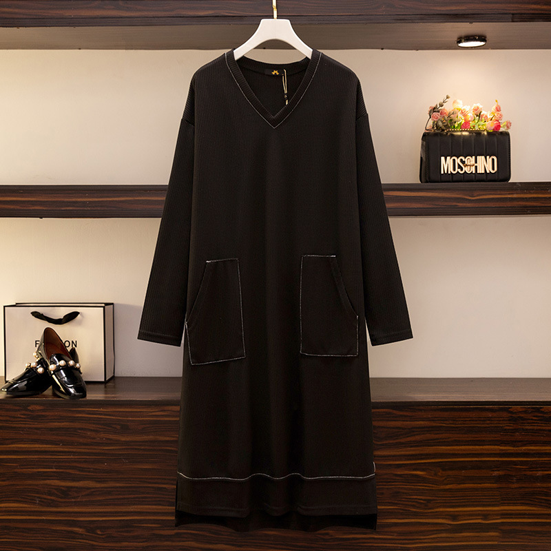 300 pounds plus size women's v-neck dress spring new fat mm loose belly-covering slimming skirt 63423