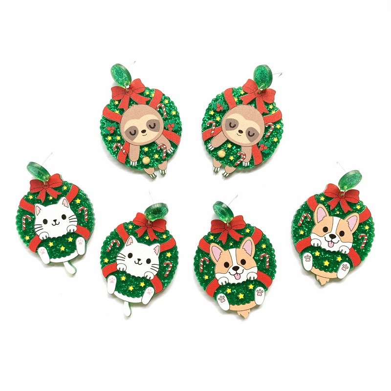 European and American exaggerated husky puppy kitten sloth Christmas wreath bow earrings earrings