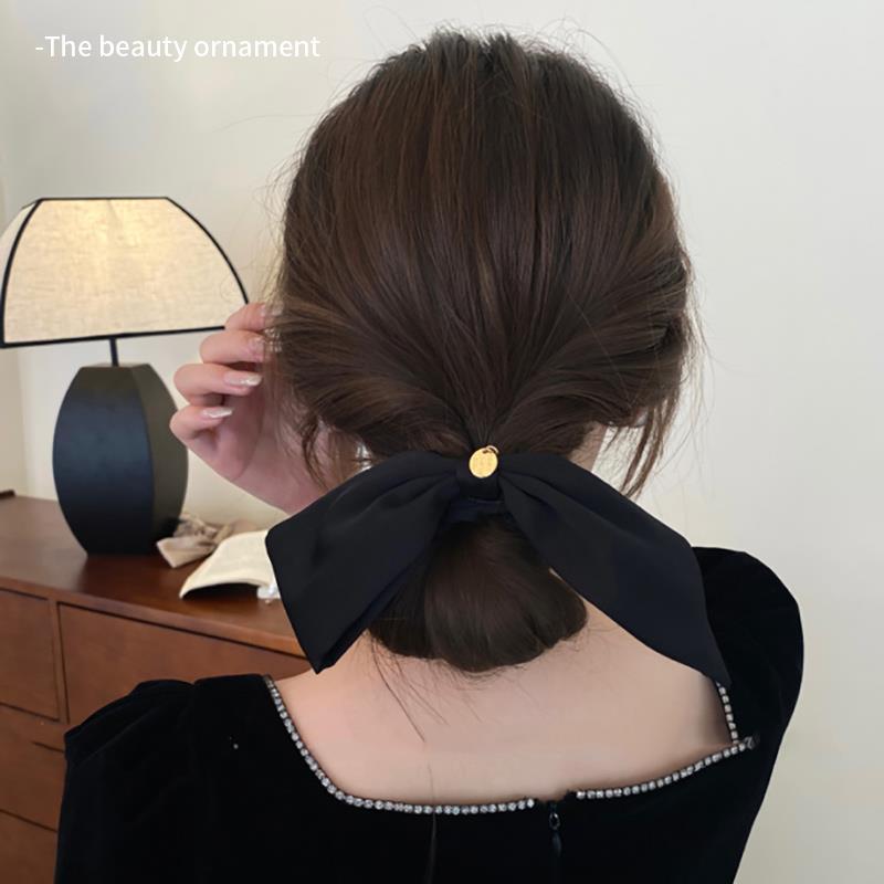 Black satin bow large intestine hair tie simple and versatile rubber band women's hair tie temperament ball headband headwear