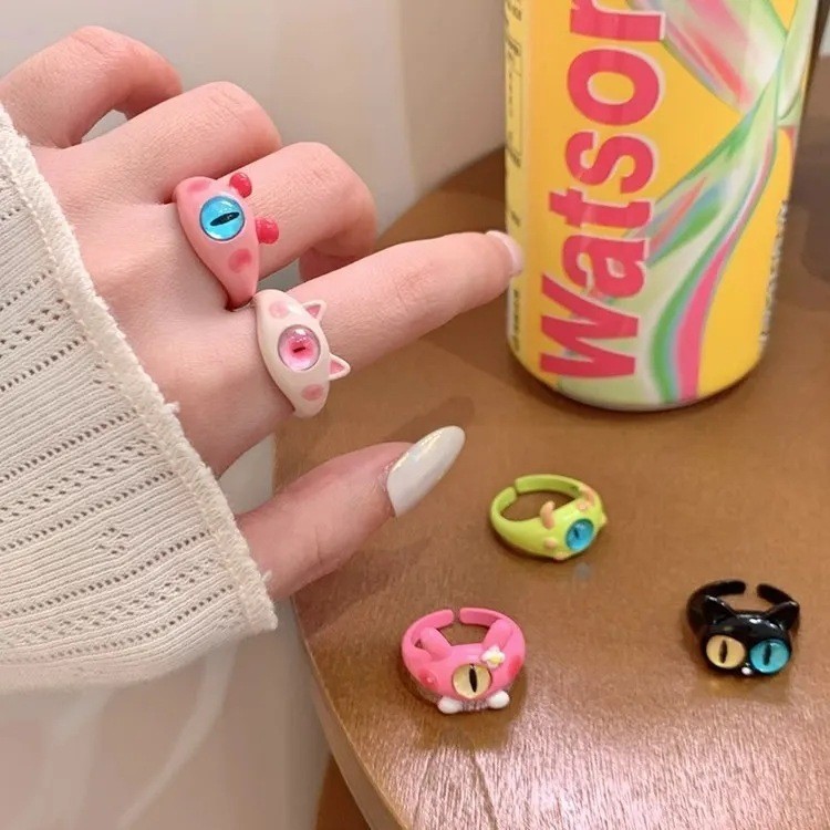 Funny black cat little monster ring, big-eyed boy, sweet and cool cartoon, cute best friend couple ring, gift jewelry ring