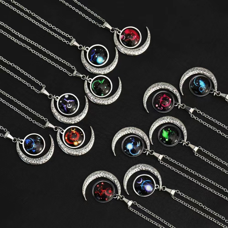 Fashionable and personalized trendy twelve constellations starry sky luminous necklace ins style moon and star combination pendant jewelry