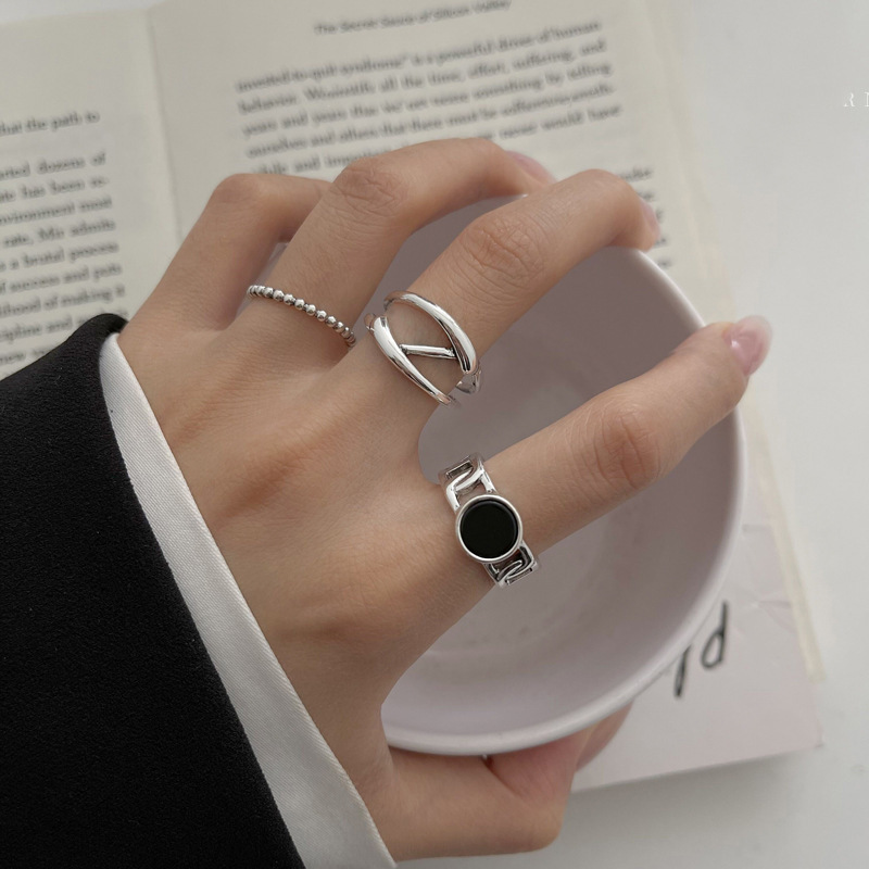 Japanese and Korean retro geometric 925 sterling silver cold style millet ring Korean version ins trendy open index finger men's and women's ring
