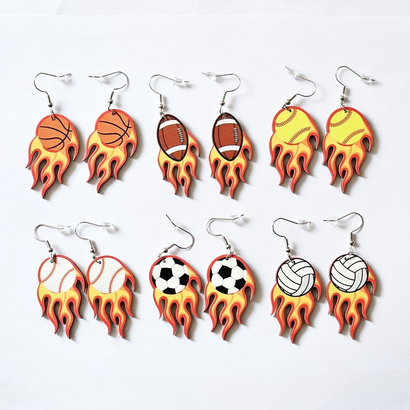 Super Bowl Flame Flame Baseball Basketball Football Volleyball Wood European and American Sports Style Team European Cup Earrings