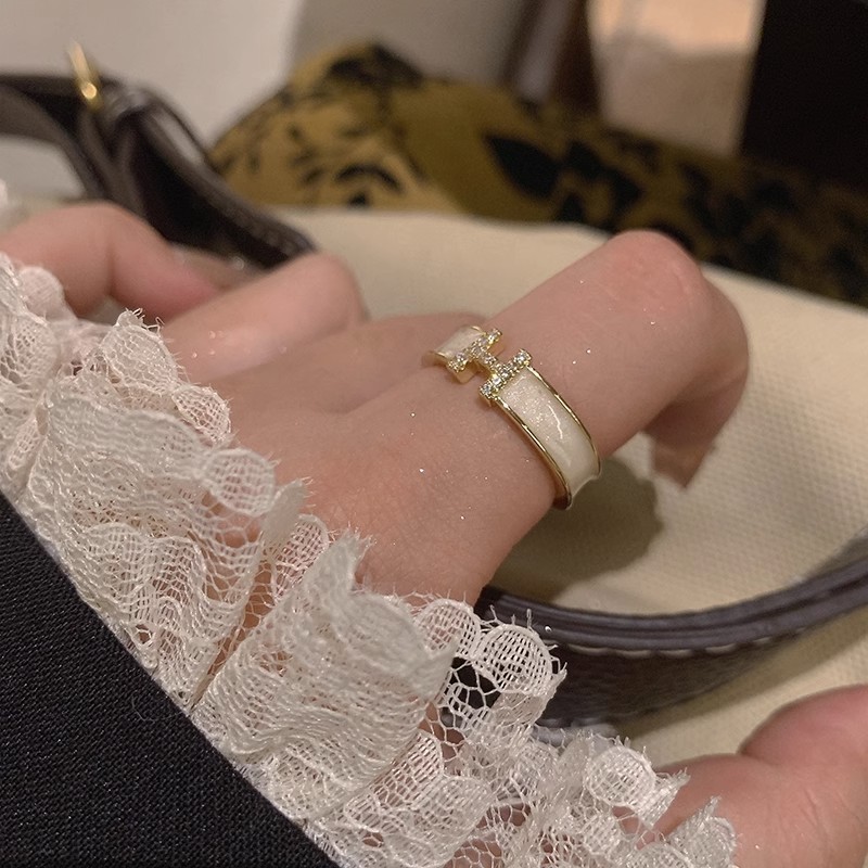 Letter H ring~white oil dripping zircon high-end opening ins niche French internet celebrity ring index finger ring for women
