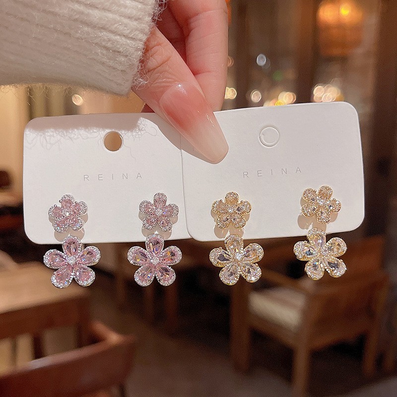 S925 Silver Needle Exquisite Zircon Flower Earrings Women's Light Luxury Niche High-end Design Two-Wear Stud Earrings