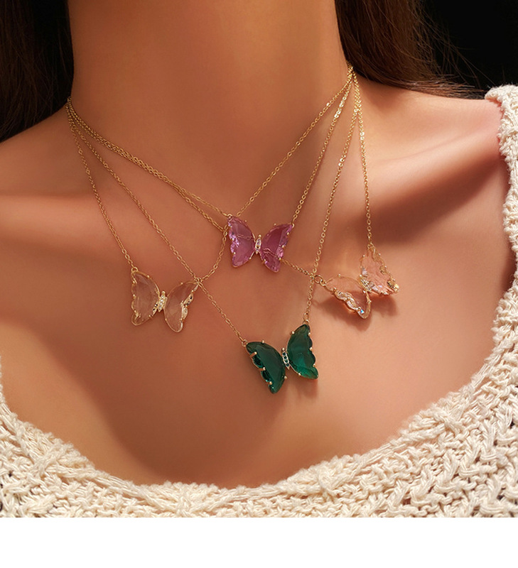Korean style Internet celebrity earring set, dreamy girl, sweet multi-color transparent glass butterfly necklace accessories