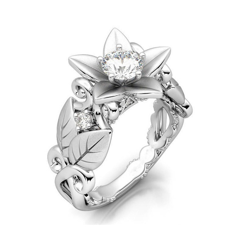 Flower and leaf diamond ring, creative zircon ring for women, fashionable and beautiful jewelry