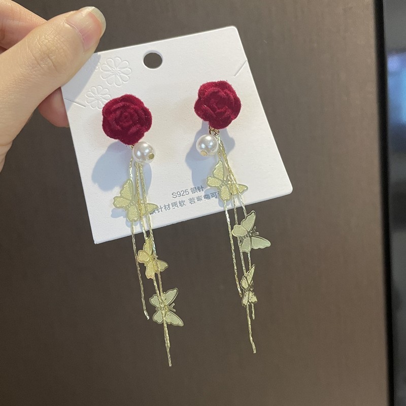 Super Fairy Versailles Red Rose Earrings for Women Long Retro Butterfly Tassel Pearl Earrings for Women