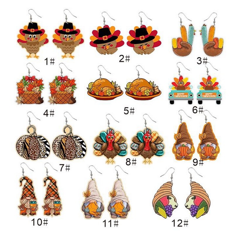 Autumn Thanksgiving Wooden Earrings Leopard Pumpkin Turkey Car Pendant Earrings