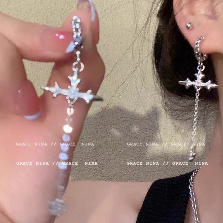 Sweet cool style retro personality fashion zircon cross tassel ear buckle commuter temperament internet celebrity ins new earrings