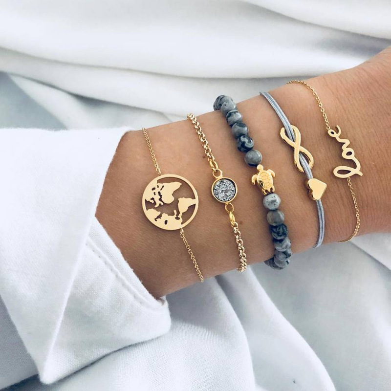 Braided love 8-letter English love world map turtle gray beaded diamond turquoise bracelet five-piece set