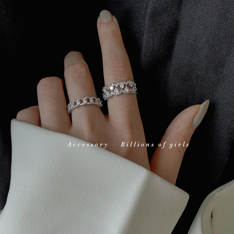 Qianyi Girl #Double Row Full Diamond Ring Light Luxury Niche Feeling Index Finger Ring Women’s Fashionable and Temperamental Hand Accessories