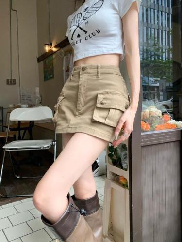 Khaki workwear skirt for hot girls in summer, anti-exposure denim, slim retro skirt, high-waisted A-line short skirt